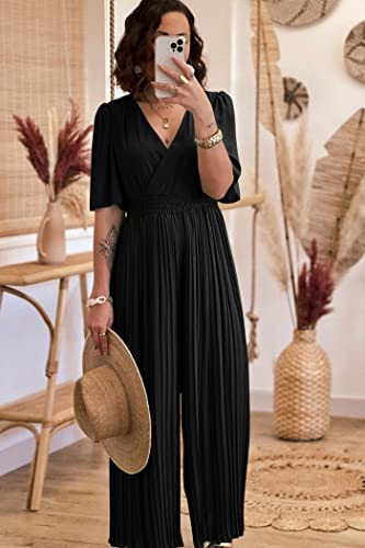Prettygarden Women's Jumpsuits Casual Wrap V Neck Ruffle Sleeve Wide Leg Flowy Romper One Piece Summer Outfits (Black,X-Large) #TOP2