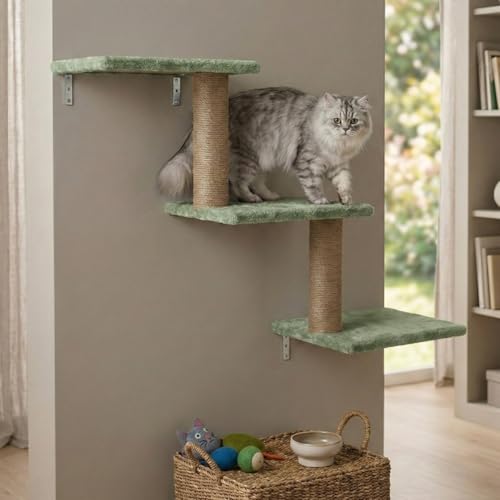 Image of Wall-Mounted Cat Climber, Multi-Level Cat Tree with Jute Scratching Posts, Grey Plush Platforms, Space-Saving Corner Design (30X35X14 INCH) FURR-158 (Green)