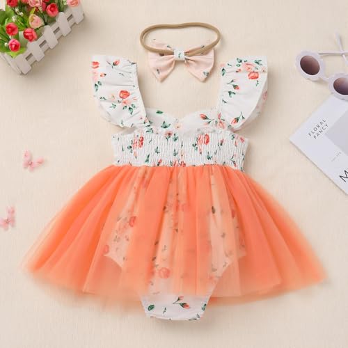 FYMNSI Newborn Baby 1st Birthday Girl Outfits Flutter Sleeve Smocked Floral Tulle Romper Tutu Dress Headband Summer Clothes4
