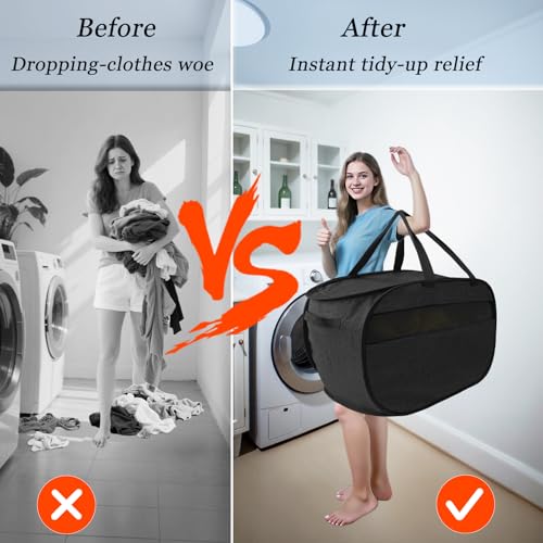 Image of 100L Extra Large Mesh Pop Up Laundry Hamper with Lid & Handles 2 Pack, XL Foldable Dirty Clothes Basket for Home Dorm Closet Storage, Portable Laundry Bin, Black. 2H