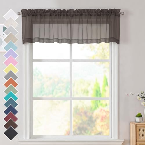 Image of OVZME 2 Panels Chocolate Brown Sheer Valance - Short Fresh Sheer Curtain Valances for Windows Basement Semi Sheer Valances for Kitchen Window Dressing with Dual Rod Pocket, 42 inch Wx14 L