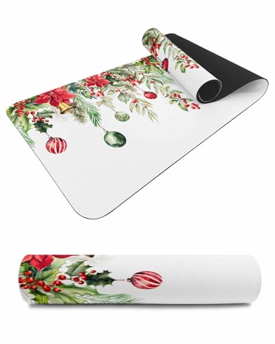 Debedcor Heat Proof Table Pads Waterproof Decorative, Christmas Poinsettia Non-Slip Table Countertop Protector, Farmhouse Xmas Botanical Ball Bell Insulation Mat for Dining Room, 48 x 12 Inches