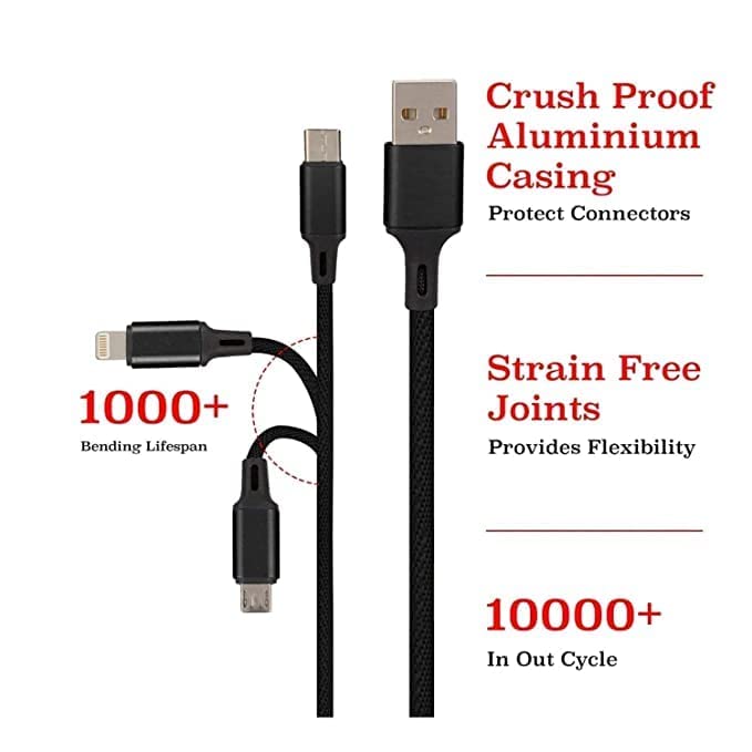 Image of The Black Store Original 3 in 1 Charging Cable Fast Charging & Data Sync USB Cable for Android Smartphones,iOS & Type C Devices(1M,Black)|Multi Pin Type C Cable,Micro USB Cable & Cable for iPhone