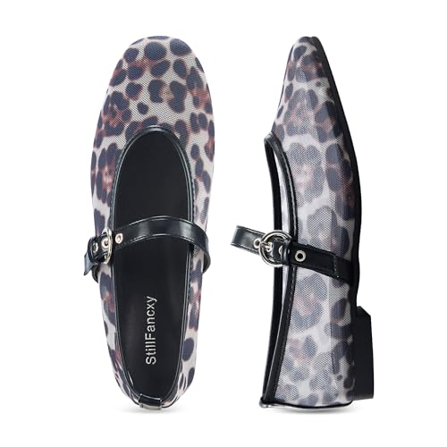 Image of Leopard Flats for Women Mesh Ballet Flats Mary Jane Animal Print Shoes Slip On Casual Breathable Ballerina Flats