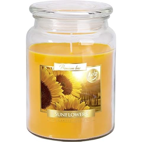 Large scented candle in a jar with lid, 100 hours burning, diameter 9.9 cm and height 14 cm, new fragrance: sunflower Cover