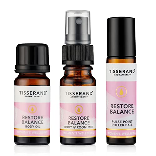 Tisserand Aromatherapy - Restore Balance Discovery Kit - Roller Ball, Body Oil & Mist - Perimenopause, Menopause & Menstruation Support Women - Rose, Clary Sage & Geranium - Natural Essential Oils