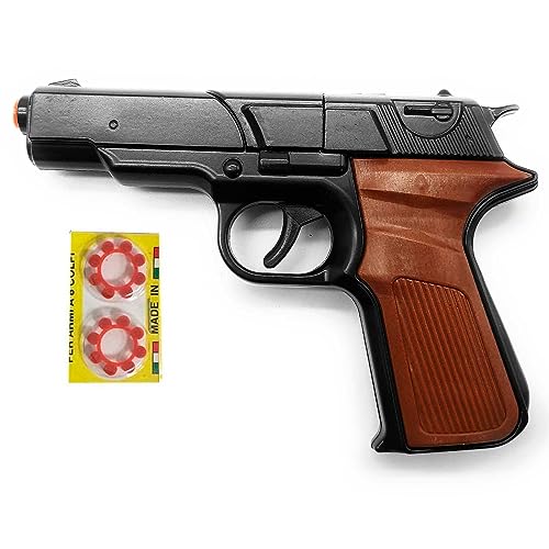 Acan Tradineur - Pistola de policía de Juguete con 32 fulminantes, revólver Recargable, Disparos sonoros, 4 Discos de 8 fulminantes, Regalo para niños, 16,5 x 11 cm
