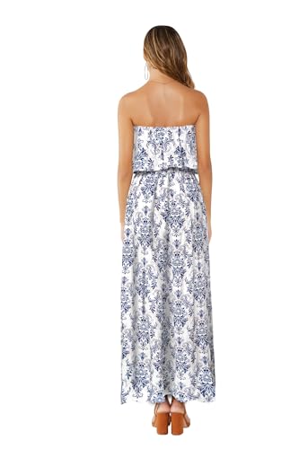 Image of ZMPSIISA Women's Summer Off The Shoulder Maxi Dress Ruffle Strapless Blue White Porcelain Boho Casual Loose Long Dresses