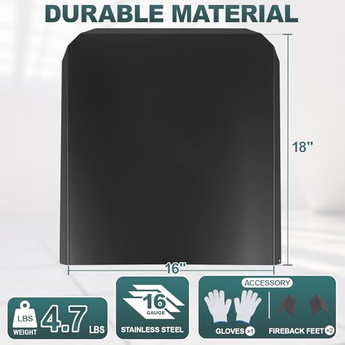 Permade Firebacks for Fireplace-Stainless Steel Fireback with Adjustable Feet, 16\" x 18\" Fireplace Heat Reflector, Fireplace Back Plates, Painted Black Heat-Resistant Material for Wall Protection