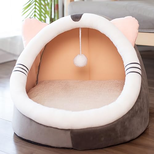 Hundebett für Höhlenhunde – schönes Katzenhaus, halbgeschlossen mit Plüschball | Bequemes Versteck für Katzen, bequemes Hundehöhle für Haustiere, Katzen