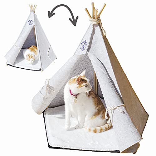 Pet Teepee Tent for Cat and Dogs/Perros | Rustic Style Silver Lining Pet Teepee for Cats | Cozy Tent for Small to Medium Cats & Dogs | Cat Tents for Indoor Cats, Dog Tent Hut | Cozy Pet Tent