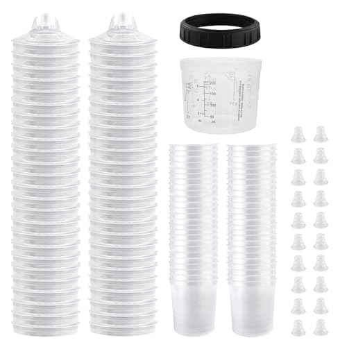 Image of Disposable Paint Spray Gun Cup Liners & Lid System, 50Pcs Standard 6.76 Ounce (200ml) Kit - 125 Mic- 50 Cup Liners, 50 Lids with Strainer, 1 Hard Cup with Retainer Ring 20 Plugs
