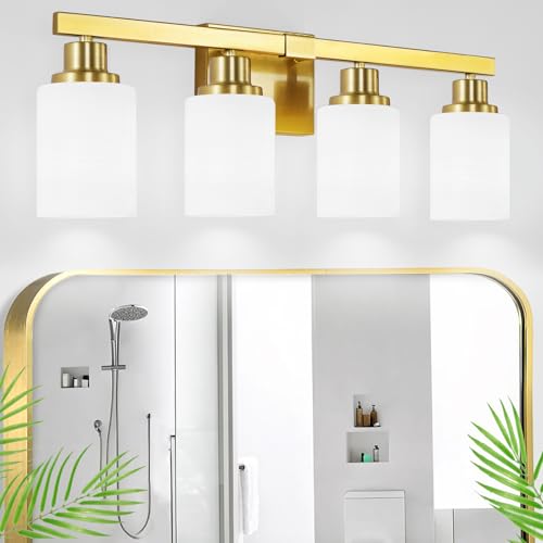 Image of 4-Light Gold Vanity Light Modern Bathroom Light Over Mirror 24in | White Frosted Ribbed Glass Shade Modern Bathroom Light Fixtures Bath Wall Mount Lights Wall Lamp for Mirror E26 Base