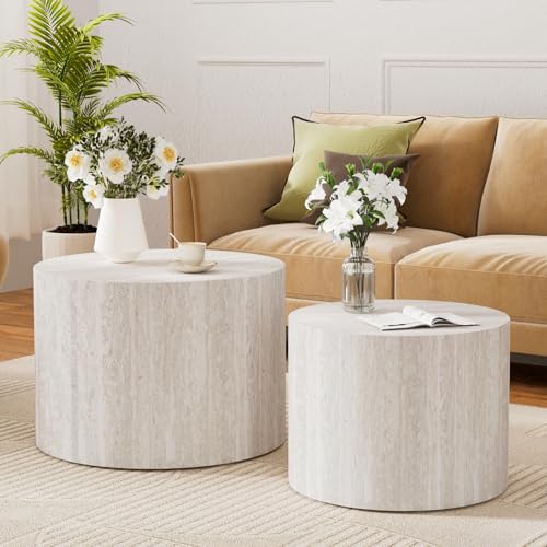 YYZIWYUN 18" Travertine Round Nesting Coffee Table Set of 2 (Travertine B)