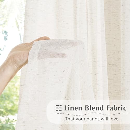 Image of FMFUNCTEX Linen Sheer Pinch Pleated Curtains for Living Room, Linen Flax Beige 96 Inches Long Sheer Curtain Panels for Bedroom, Natural Back Tab Window Drapes for Farmhouse, Rod Pocket 2 Panels
