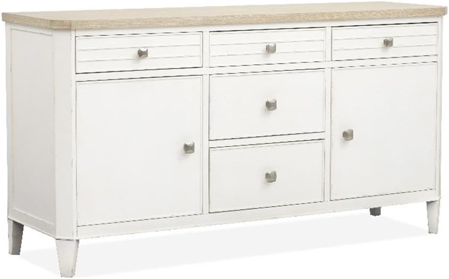 BOWERY HILL Buffet Table, Sea Pearl and Driftwood Finish, Quarter White Oak Veneer, 5 Drawers with Felt-Lined Tops, 2 Doors with Adjustable Shelves, Sculpted Satin Silver Hardware, Coastal Design for