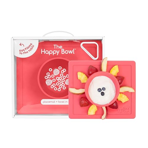 Image of ezpz Happy Bowl - 24 Months + (Coral) - 100% Silicone Suction Bowl with Built-in Placemat – Dishwasher Safe