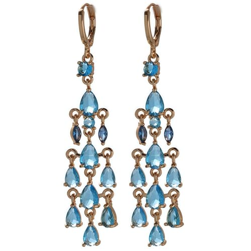Vuskdtei18K Gold Plated Sea Blue Waterdrop Gemstone Dangle Earrings for Women, Hypoallergenic Cubic Zirconia, Elegant Chandelier Drop Earrings, Statement Jewelry Gifts Fashion (0144-Flower-Blue)