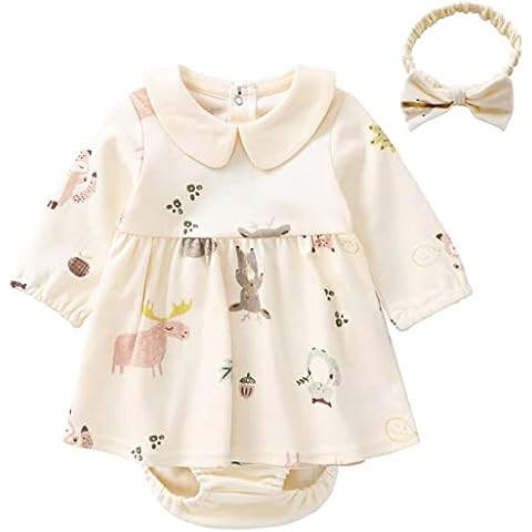 pureborn Baby Girl Dress Infant Long Sleeve Peter-pan Collar Spring Fall Cotton Playwear Dresses Beige 6-9 Months Cover