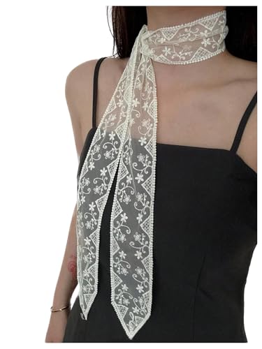 SweatyRocks Womens Lace Sheer Mesh Neck Scarf Long Skinny Scarf Neckerchief Headband White One-Size