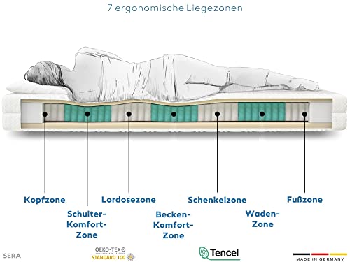 Matratze 190x200 cm - SERA H4 - Tencel - Orthopädische 7-Zonen - Höhe 22 cm - Ideal für Allergiker & Schwitzer - Tonnentaschen - Taschenfederkernmatratze 190x200 – Bild 6