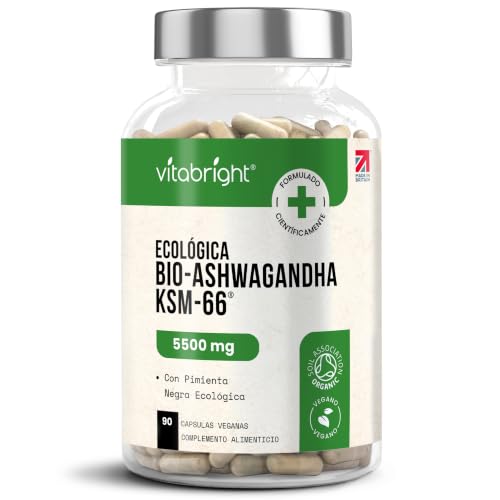 Ashwagandha KSM-66 | Bio Ashwagandha Cápsulas 5500 mg | 3 Meses - 1 al Día | Bajar el Cortisol | 550 mg Ashawanda Concentrada KSM 66-10x Más Fuerte | VitaBright Asawanda