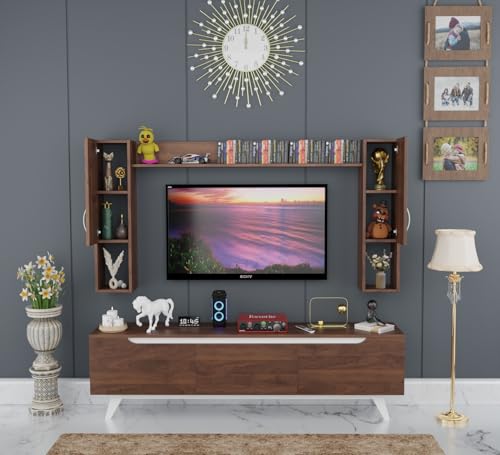 Image of Spyder Craft Matte Finish TV Entertainment Unit, Tv Stand with Wall Shelf Book Storage | Decore Living Room Engineered Wood TV Entertainment Books Storage & Decor Display Unit Color Columbian Walnut