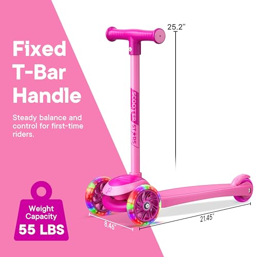 3 Wheel Scooter for Kids, Smooth Light Up LED Front Wheels, Wide Anti Slip Deck, Rear Foot Brake, Easy Lean to Steer Maneuvering, Indoor & Outdoor Ride On Toys for Ages 2 Up, Pink Color