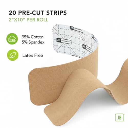 Image of JB Tape Kinesiology Tape, Beige, 80 Precut 10-Inch Strips, 4 Rolls | Elastic, Latex-Free, Water Resistant, Athletic Muscle & Joint Support