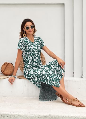 Image of MISFAY Womens Maxi Dress Short Sleeve V Neck Loose with Pockets | Soft stretchy breathable, v neck loose fit, side split hem, two side pockets, casual daily beach vacation travel dress