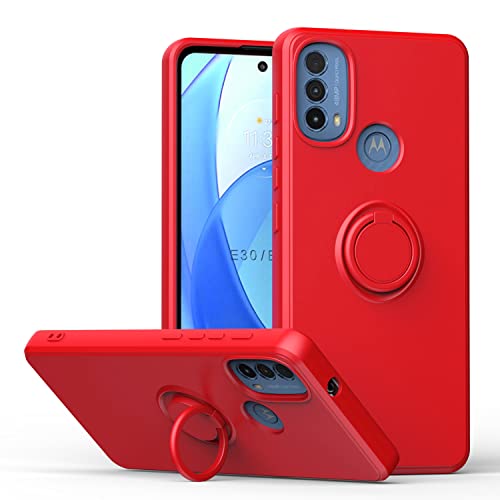 XYYDS Coque Silicone Liquide pour Motorola Moto E40 / Moto E30, 360° Ring Stand Case Silicone Cover Droit Bord Housse Étui Antichoc avec Lanyard - Red Cover