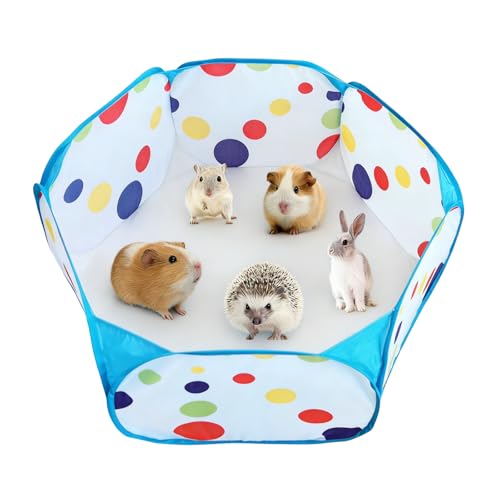 Hamster Playpen Pop Up Play Pen Foldable Small Animal Playpen Rainbow Dots Portable Exercise Fence for Guinea Pig Rabbit Chinchilla & Hedgehog (Blue)