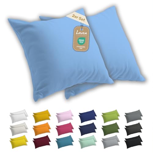 Lavea® 2er Set Kissenbezug 50x50, Kissenhülle Sparpack, 100{582b8258538af46e14d05486a1eaf27359275ae2c7a6ac4a580da50e88108e49} Baumwolle Jersey, Kissenbezug Baumwolle, Kissenbezüge 2 Stück, Oeko-Tex Zertifiziert, YKK-Reißverschluss, Hautfreundlich, Himmelblau