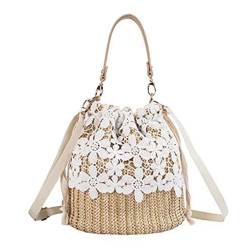 Rcheommo Women Cross Body Bohemian Straw Bag Straw Drawstring Bucket Straw Bag Flower Lace Decor Handwoven Rattan Ba