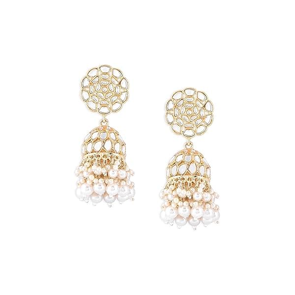 Zaveri Pearls Gold Tone Dazzling Kundan & Cluster Pearl Drops Statement Jhumki Earring For Women -ZPFK16206