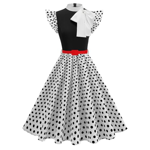 ODIZLI Women's 1950s Retro Dress Flutter Sleeve Bowknot Belted Swing Midi Dress Tea Party Cocktail Dresses