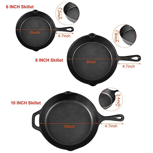 Pre-Seasoned Cast Iron Skillet Set Of 3 | 6", 8" & 10" Cast Iron Frying Pans With 3 Heat-Resistant Holders & Oil Brush - Indoor And Outdoor Use - Oven Grill Stovetop Induction Safe Cookware #TOP1