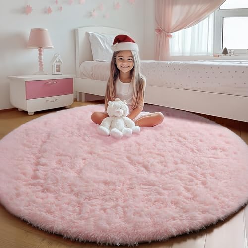 ONASAR Light Pink Fluffy Round Rugs 4ft for Girls Bedroom,...