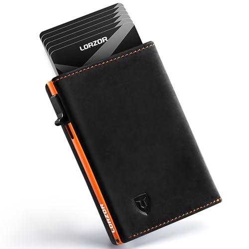 LORZOR Wallet for Men with Metal Card Holder, Pop Up Wallet, Finest Full Grain Leather Trifold Wallet, Smart, Minimalist, RFID Blocking, Front Pocket, ID Window, Black/Orange