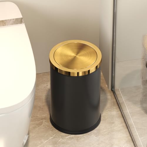Image of Brushed Brass Garbage can,Bathroom Trash can with lid,Modern Small Trash Can with Flipping Lid, 9 L,Garbage cans for Bathroom, Kitchen,Bedroom, Metallic Gold (Black(Double))