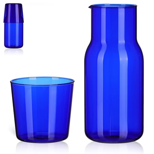 Set de botella y vaso de vidrio azul Tofficu