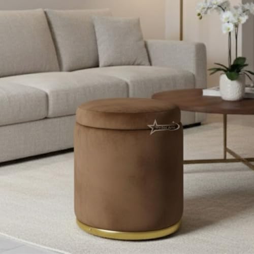 Image of Velvet Round Single Strip Ottoman Office Stool Foot Rest Stool Velvet Fabric Padded Seat Pouf Ottoman 13 X 13X 16 inch, in Round Shape for Living Room Brown