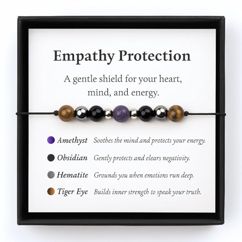 Empathy Protection Crystal Bracelet – Natural Healing Stones for Anxiety Relief & Emotional Support – Amethyst Hematite Tiger Eye Obsidian Beaded Jewelry for Women Men