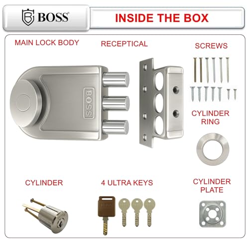 Image of B BOSS Three Dead Bolt Rim Lock with 4 High Security 14 Pin Ultra Keys Universal for Left /Right Handed Inside Opening Office or Home Main Door 15 Years Manufactuing Warranty (Satin Nickel)