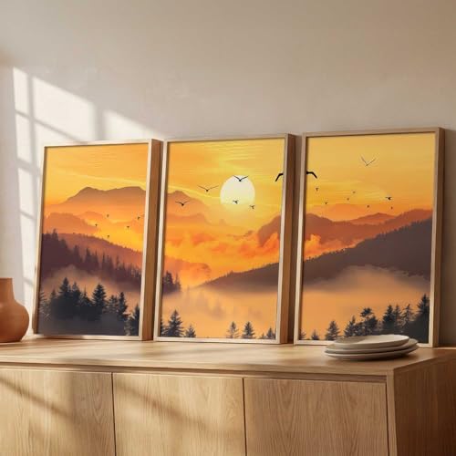 Image of kotart Big Aesthetic Sunset View Wall Art Paintings | Mountains Landscape Framed Painting | Vastu Frames for Living Room Bedroom Wall Decor Set Of 3 (14x20 Inch)