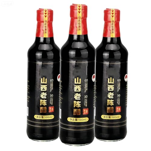 Paquete de 3 Botellas de Vinagre Shanxi de 500 Ml (16,9 Onzas Líquidas), Añejado Durante 5 Años, Fermentado Naturalmente, Vinagre de Arroz Negro Chino Añejo de Elaboración Artesanal Ancestral.