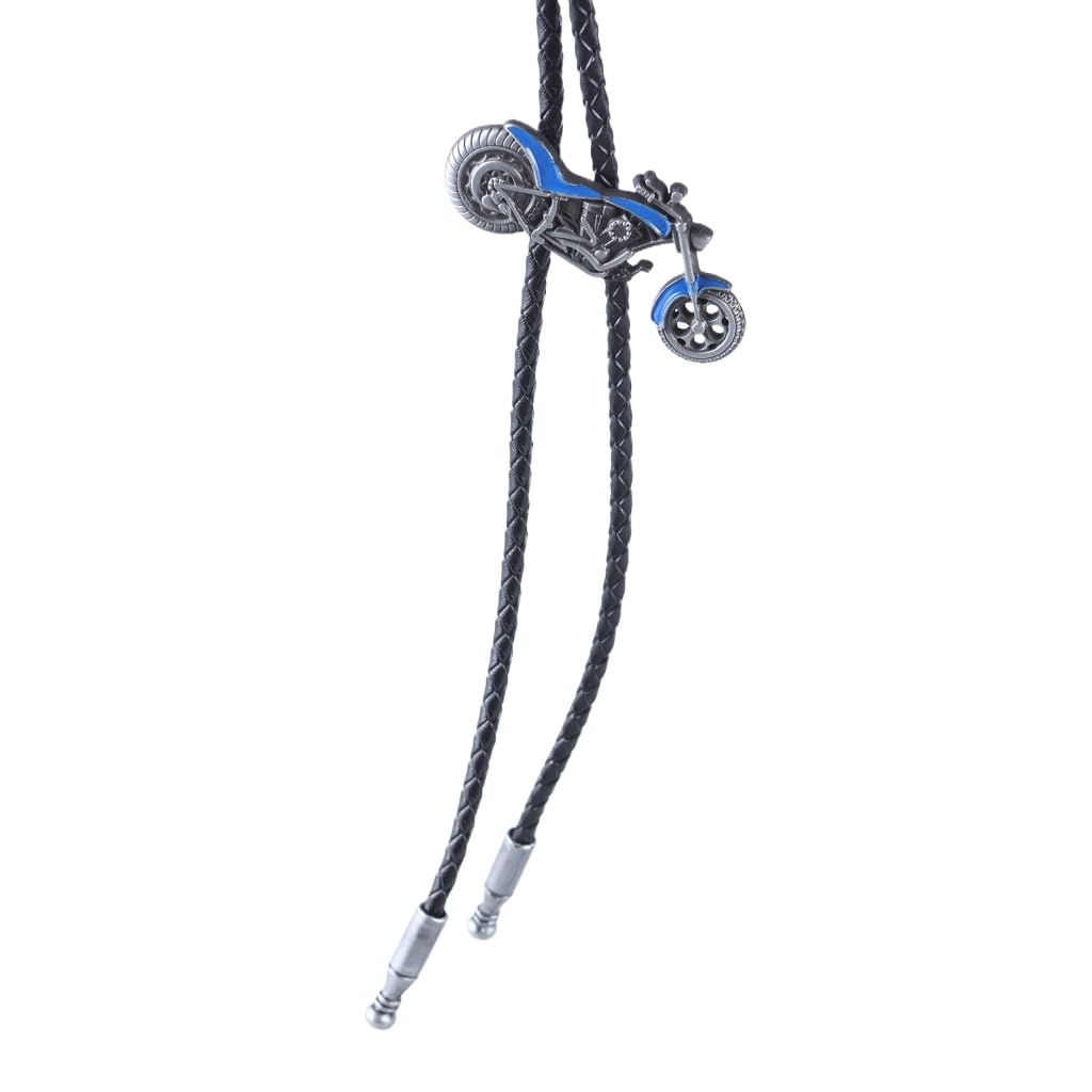 Bolo tie cowboy avec pendentif moto bleu argent pour collier américain homme femme original