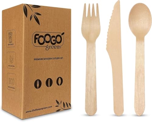 FOOGO Green 75pcs Disposable Wooden Cutlery Set, FSC® Certified, 25x Forks 25x Spoons 25x Knives, 16cm, Biodegradable Compostable, Eco Friendly, Party Picnic, Like Bamboo
