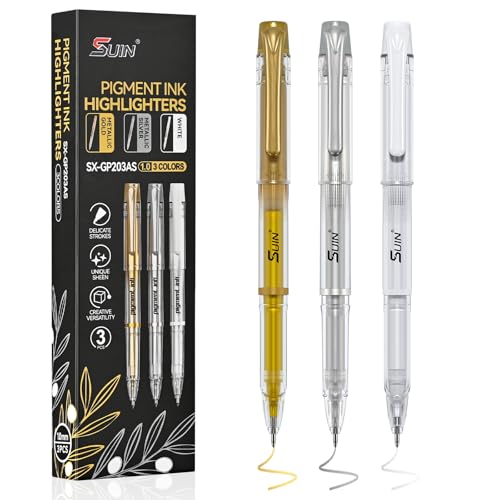 SUIN Or argent Gel blanc pour surligneurs métalliques stylos - 3 paquets d'encre mat pigment 1,0 mm point fin pour dessin papier foncé, croquis, code et...
