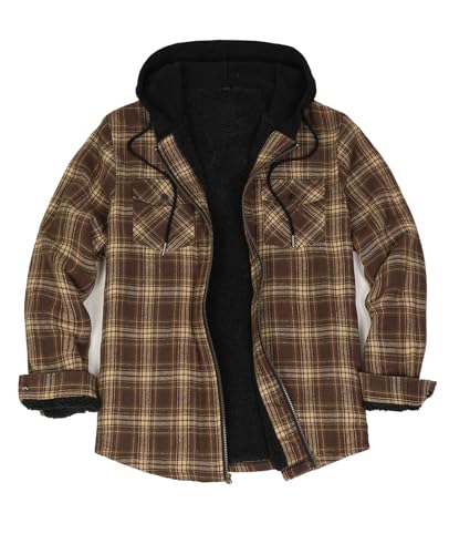 Image of ZENTHACE Men's Sherpa Lined Full Zip Hooded Plaid Shirt Jacket